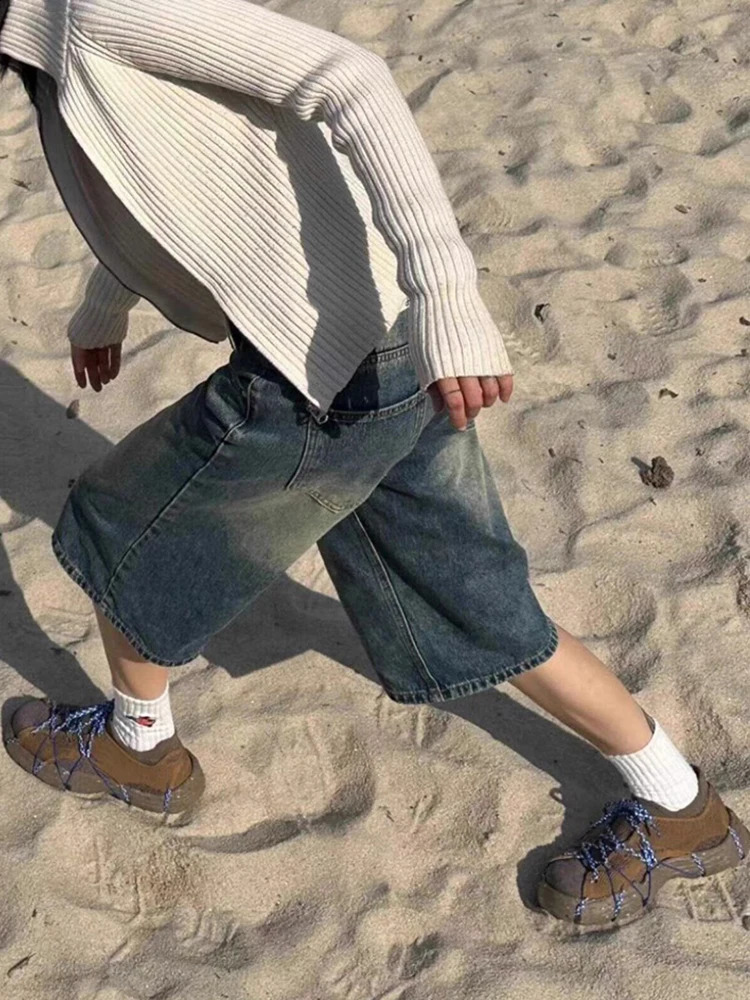 PBAP Retro Do Old Blue Jeans Jort Washed Low Waist Whiskers Loose Straight Knee Long Denim Shorts Casual Summer Clothes 250121