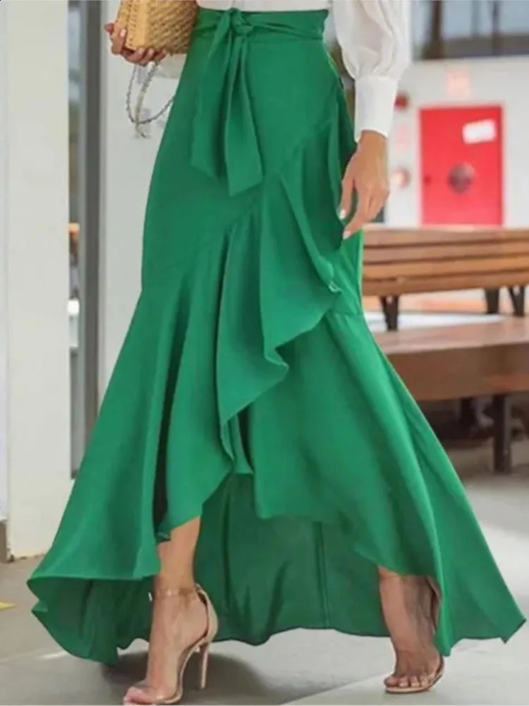 Spring Autumn Women Long Skirt High Waist Laceup Ruffle Trim Plaid Print Bow Tie Irregular Hem Maxi Female 2024 250110