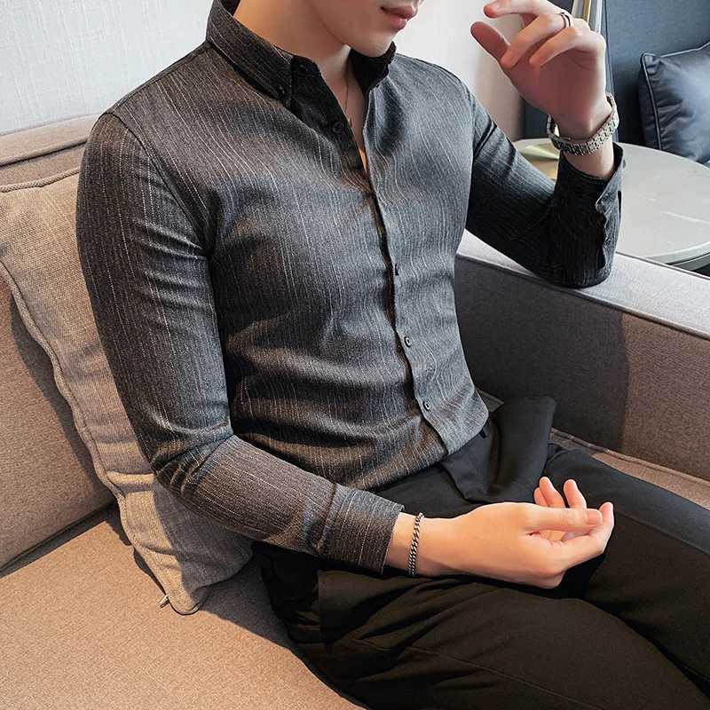 Retro Striped Shirt for Men 2023 Autumn New Slim Fit Business Formal Wear Dress Shirts Streetwear Social Party Clothing 4XL-MXJ250121