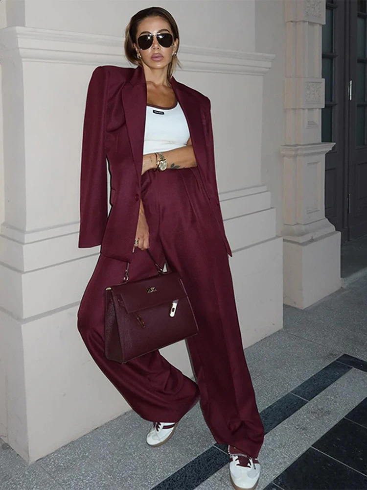 Burgundy Oversize Women Coat Sets Wide Leg High Waist Female Pant Set Vintage Fashion Lapel Long Sleeve Button Lady Outfit 250118