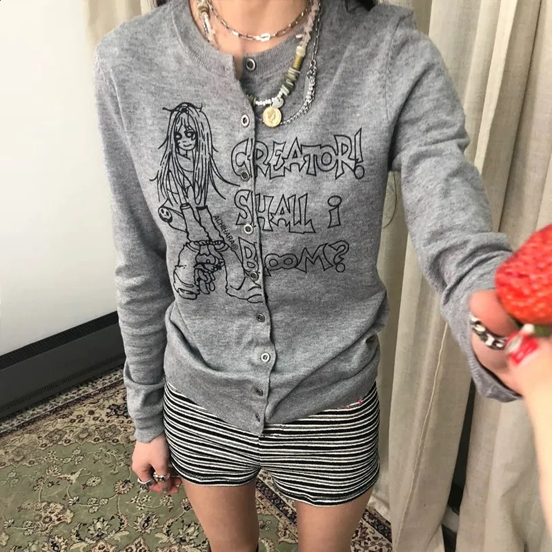 Karrram Japanese Y2k Anime Print Cardigans Vintage Harajuku Knitted Outerwears Korean Style Grey Knitwear American Retro 2000s 250122