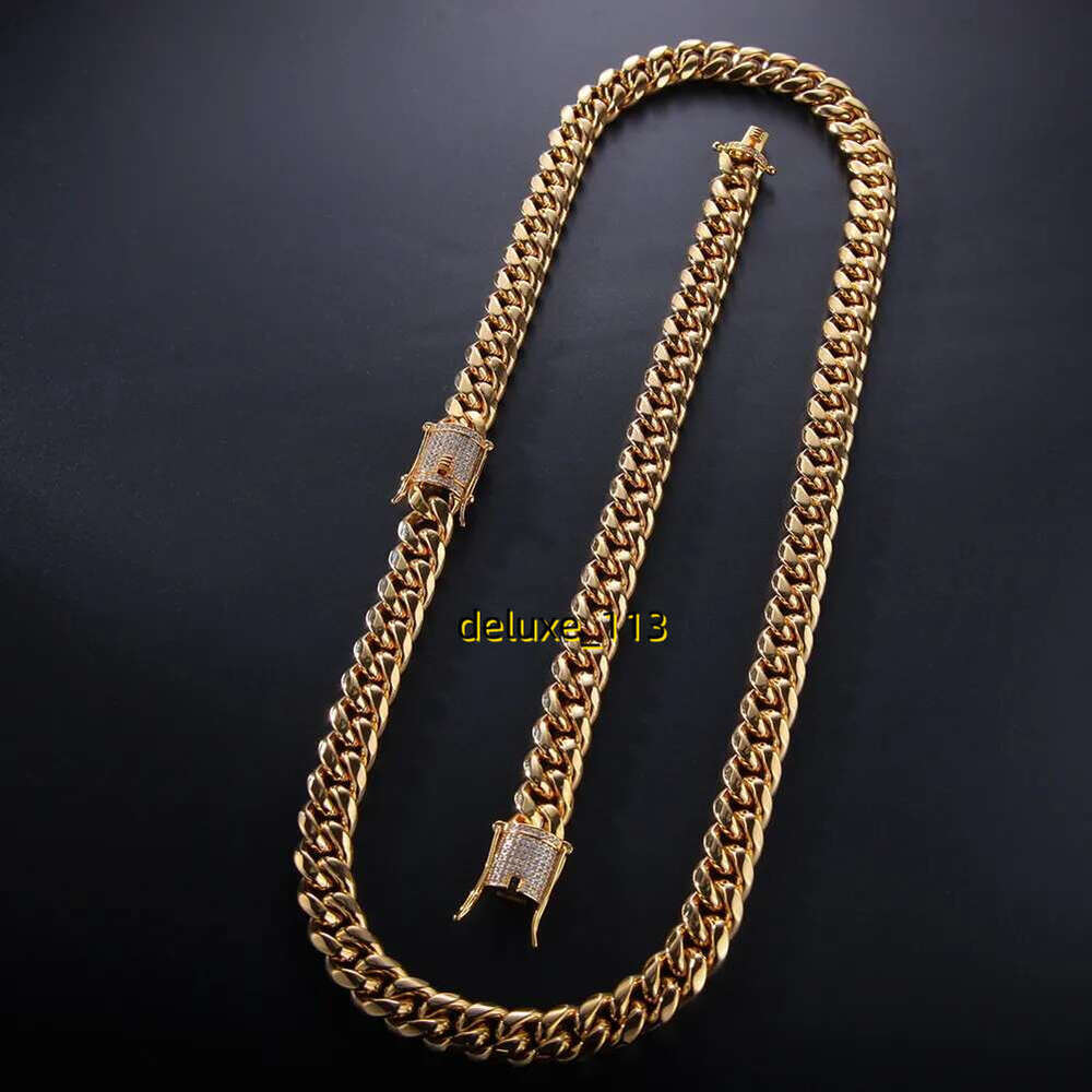 12mm/14mm Mens Miami Cuban k Necklace Chains Stainless Steel CZ Clasp Iced Out Gold Hip Hop Jewelry