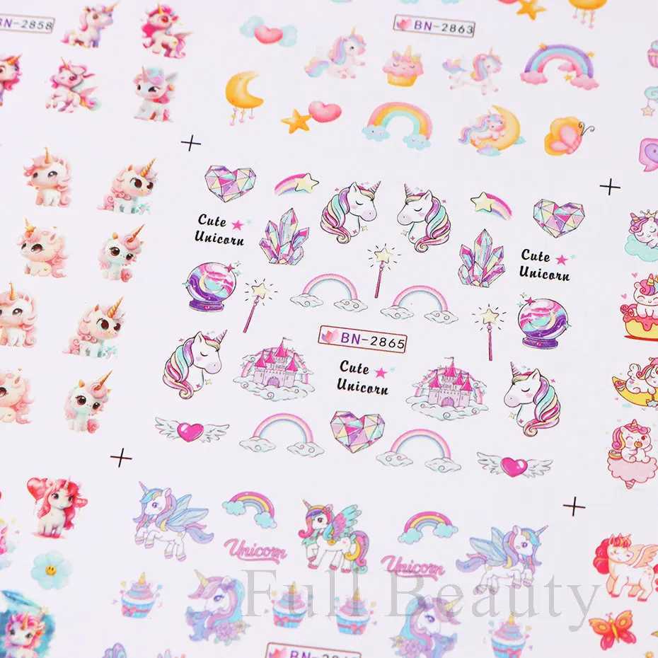 12PCS Cute Unicorn Nail Stickers Rainbow Ice Cream Nail Art Water Transfer Decals Sliders English Letter Decoration Foils TattooXJ250120