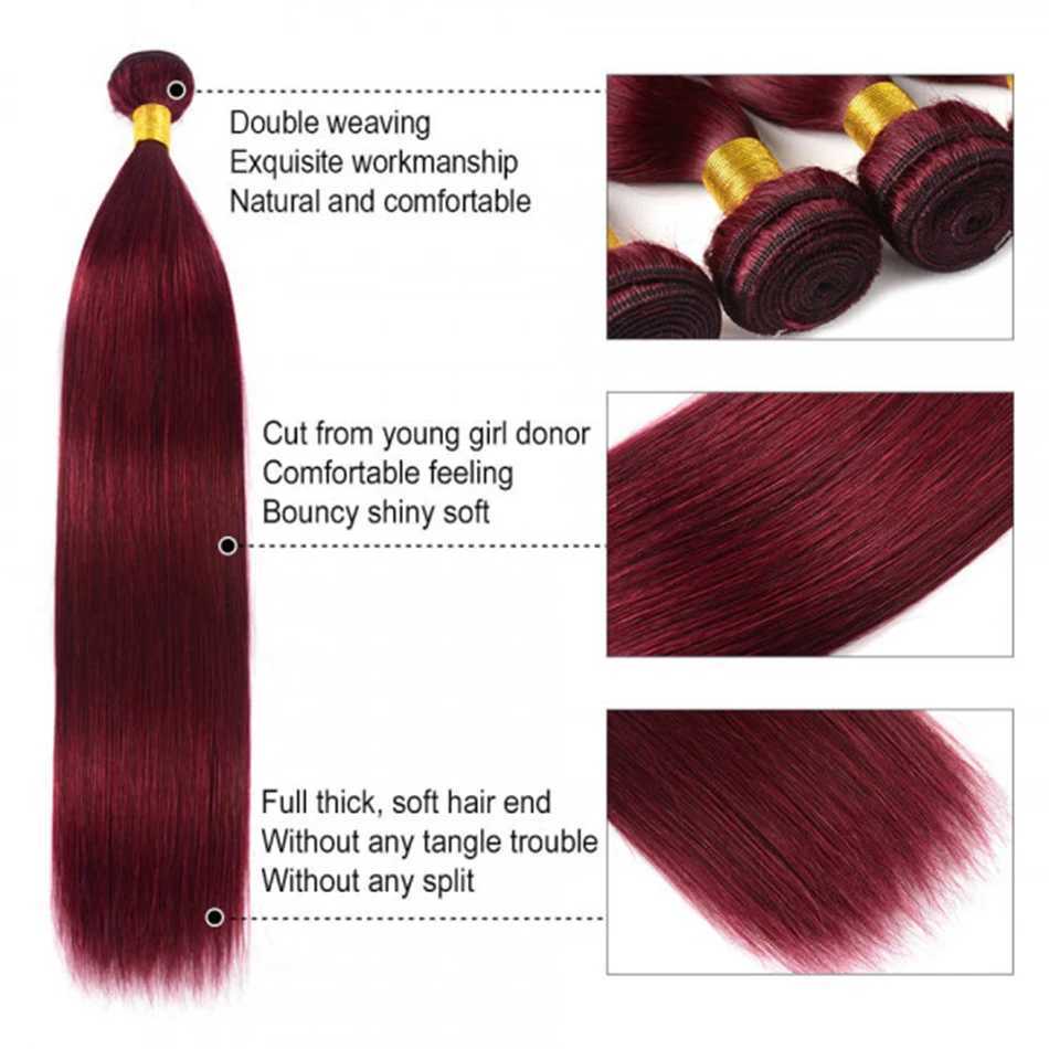 Straight Hair Bundles with HD Lace Frontal 99j Burgundy 3 Bundles with 13x4 HD Lace Frontal Red Wine Color Remy Human Hair WeaveXJ250120