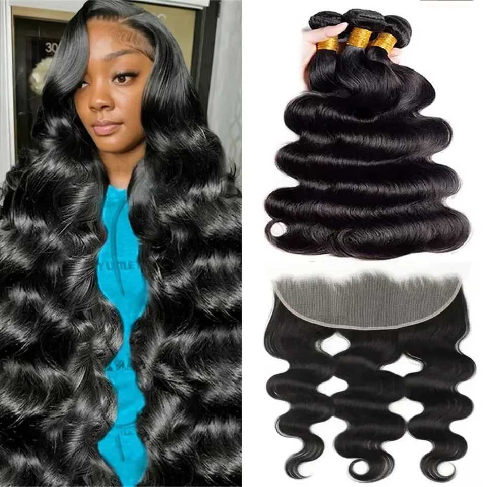 3 4 PCS 28 32 Inch Bundles With 13X4 Lace Frontal Body Wave Human Hair Bundles Raw Straight Deep Wave Hair Weaving Bundle DealsXJ250120
