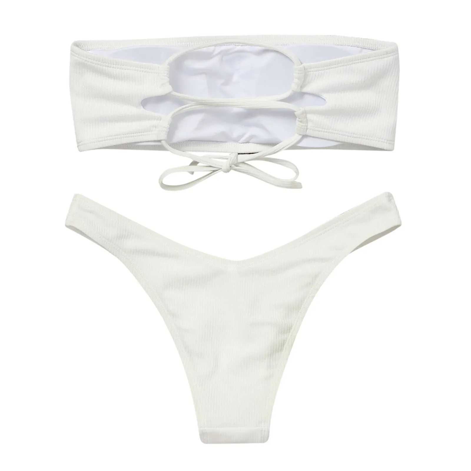 Sexy Bandeau Micro Bikini Set Women Swimwear Ribbed Solid Thong Biquini Swimsuit Strapless Beachwear Bathing Suit 2025 jerXJ250120