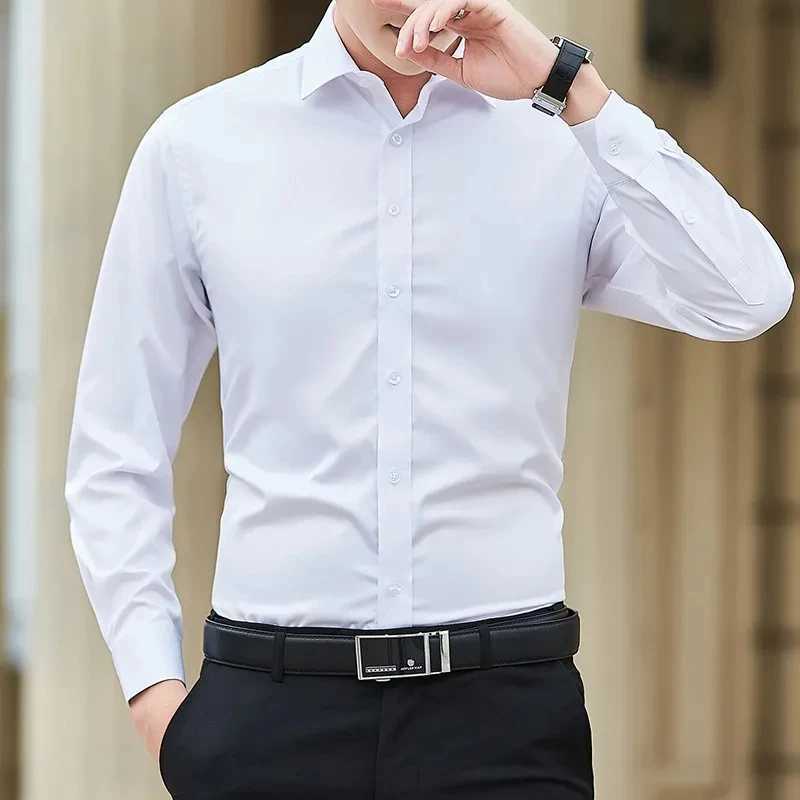 Mens Solid Color Business Shirt Fashion Classic Casual Slim Smooth White Long Sleeve Formal Social Soft Brand Clothes Plus 5XLXJ250121