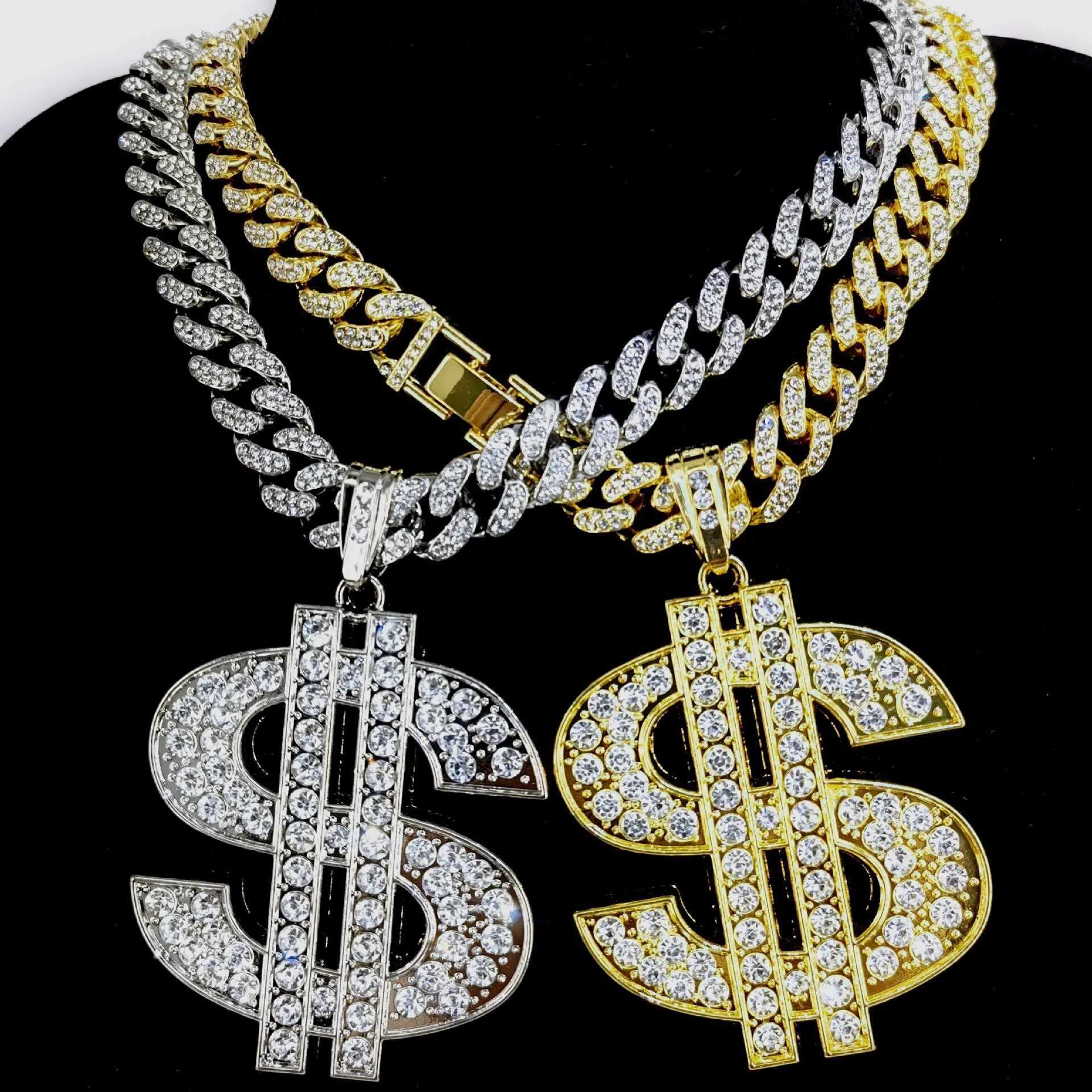 Shiny Rhinestone Dollar Pendant Necklace Mens Womens 15mm Cuban Chain Choker Hip Hop Rap Rock JewelryXJ250121