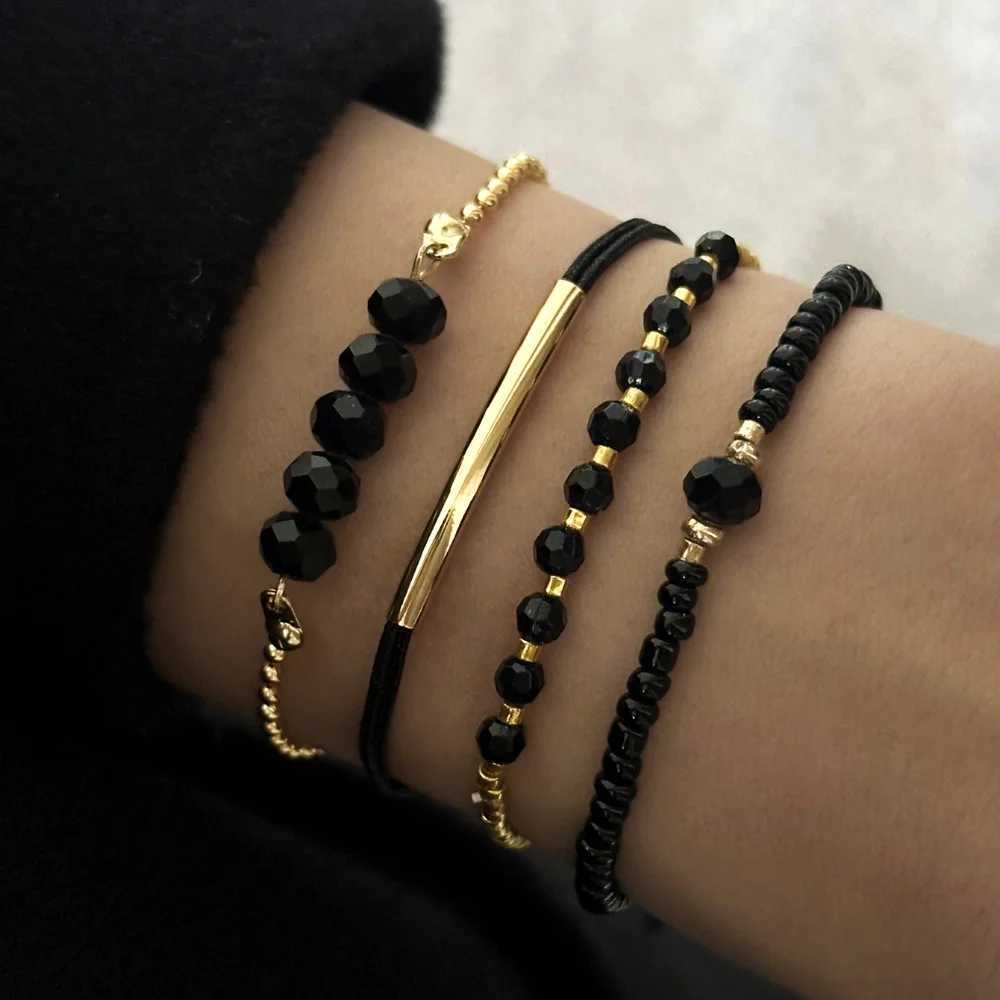 4Pcs/Set Fashion Black Glass Stone Bracelet Suitable for Womens Bohe Handmade Jewelry Accessories W250121