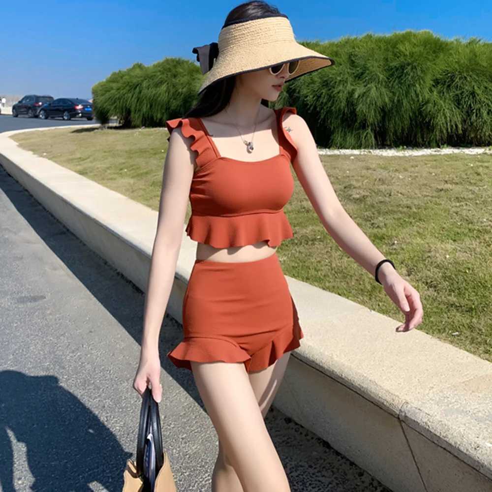 Swimsuit Women Bikini Monokini Two Pieces Set Korean Style Kaii Dress Push Up Swim Skirt Solid Swimsuit Beachwear 2023 SummerXJ250120