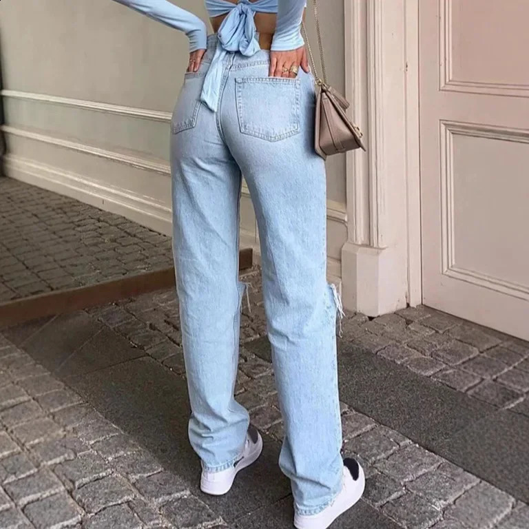 Style HighWaisted StraightLeg Jeans Light Blue Dressed Trousers Womens Commuting Denim Pants With Rips 250120
