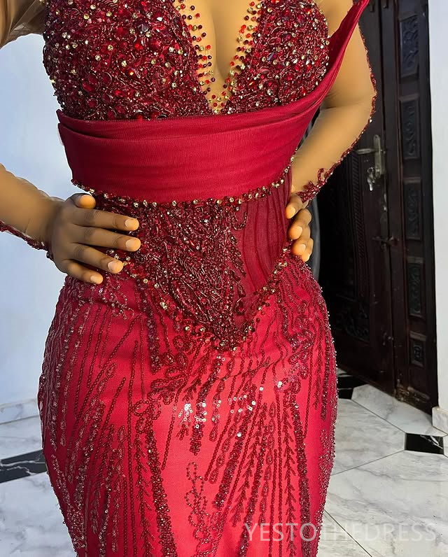 2025 Aso Ebi Red Prom Dress Mermaid Evening Gowns For Black Women Sheer Neck Long Sleeves Appliqued Beaded Lace Birthday Dress Second Reception Gown A