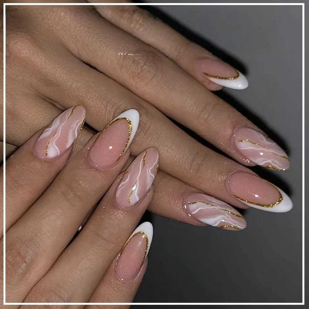 24 pieces of gold French fake nail press wearable simple nude design long almond finished fake nail set manual tip dataW250120