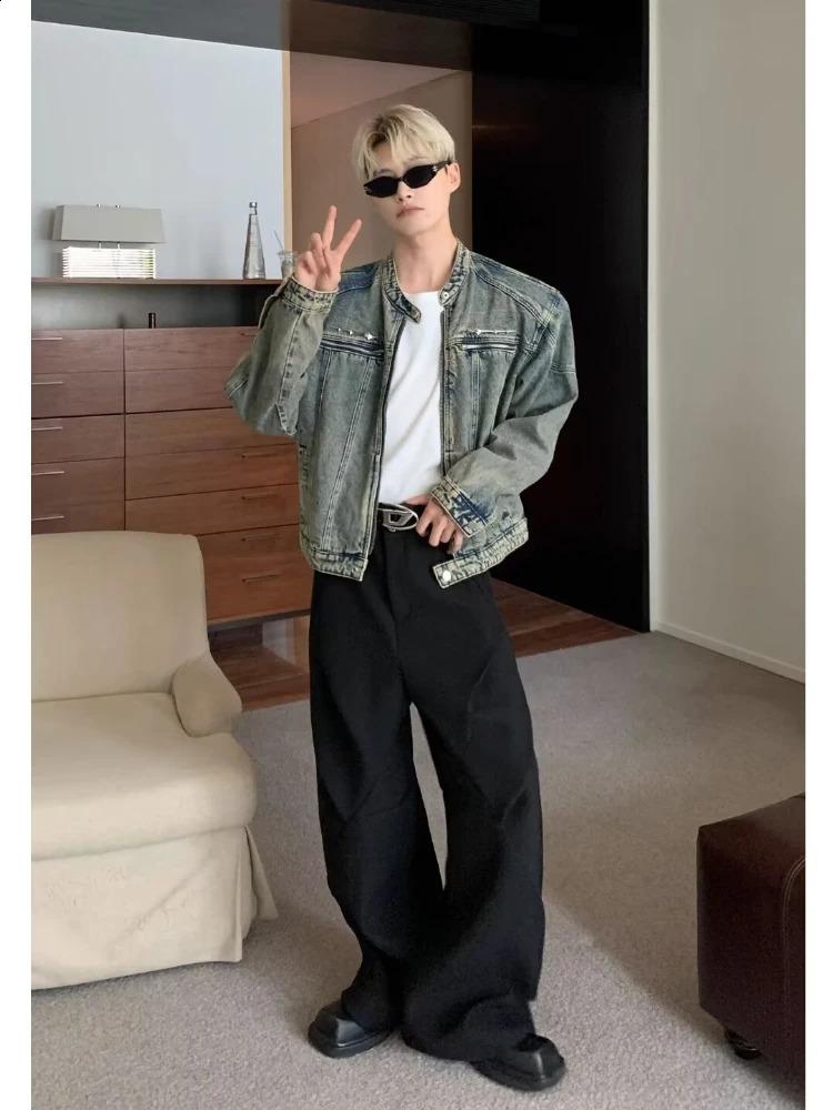 Mens denim jacket American style high street zipper vintage jacket washed distressed denim jacket spring casual streetwear 250109