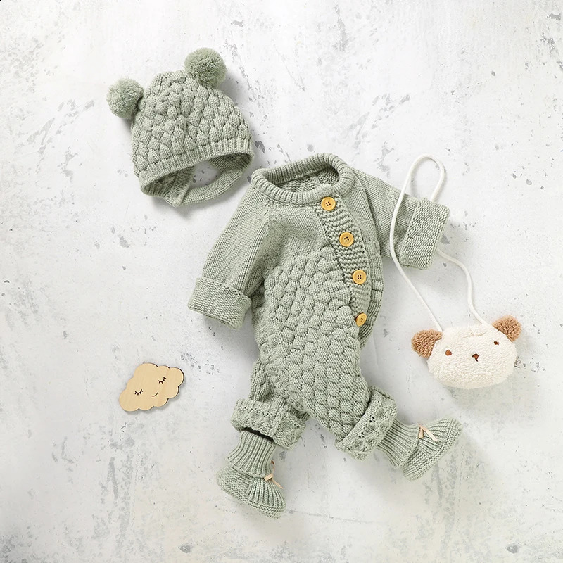 born Baby Romper Shoes Gloves Set Knit Girl Boy Jumpsuit Boot Mitten Solid Toddler Infant Long Sleeve Clothing 4PC Fall 0-18M 250121