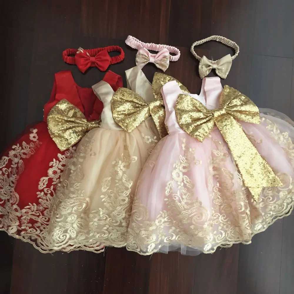 Golden Sequin Baby Christening Gowns Tulle Princess Dress Event Party Wear 1 Year Baby Girl Birthday Dresses Infant Baptism Gown X250203