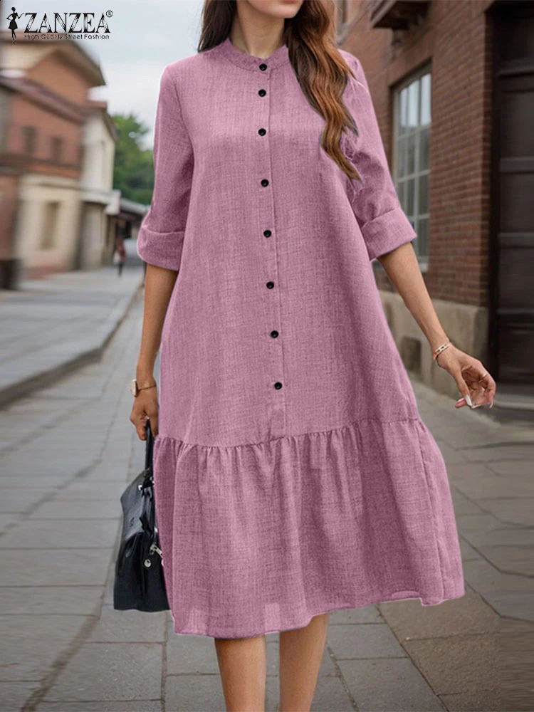 2025 ZANZEA Spring Sundress Women O Neck Long Sleeve Shirt Dress Solid Vestidos Casual Buttons Midi Robe Autumn OL Work Dresses 250122