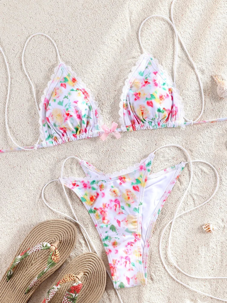 Patchwork Bikinis String Bikini Set Ruffles Side Swimwear Women Sexy Swimsuit Woman Halter Bathing Suits Two Piece Beachwear 250121