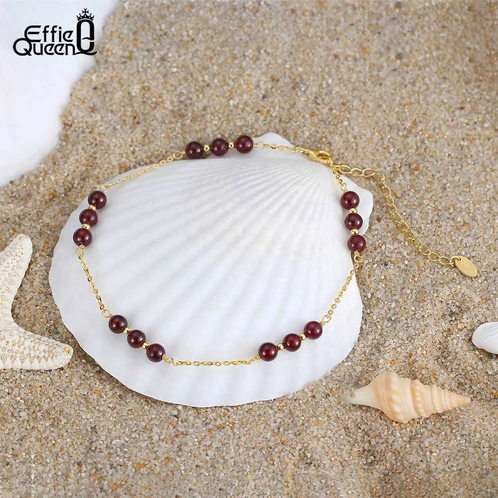 Effie Queen 14K Gold Link Chain Anklet 925 Sterling Silver Natural Garnet For Women Adjustable Anklets Fine Jewelry Present SA46XJ250121