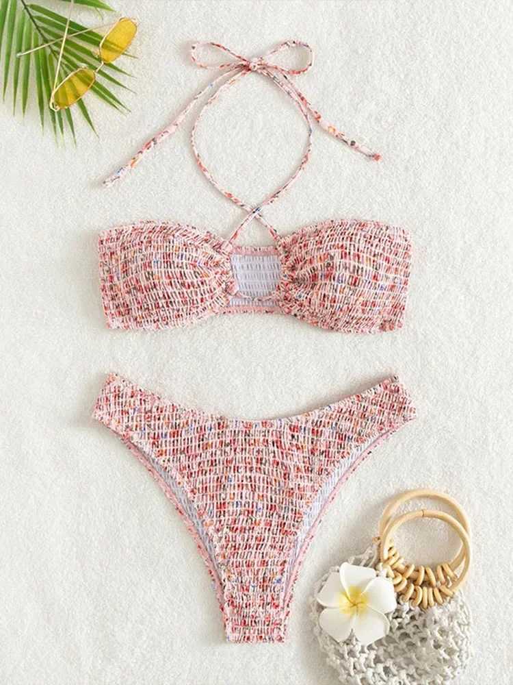 Sexy Bathing Suit Women Printed Swimsuit Pleated Bikini Set Bow Tie Lace Up Two-piece Beachwear Summer Halter BiquinisXJ250120