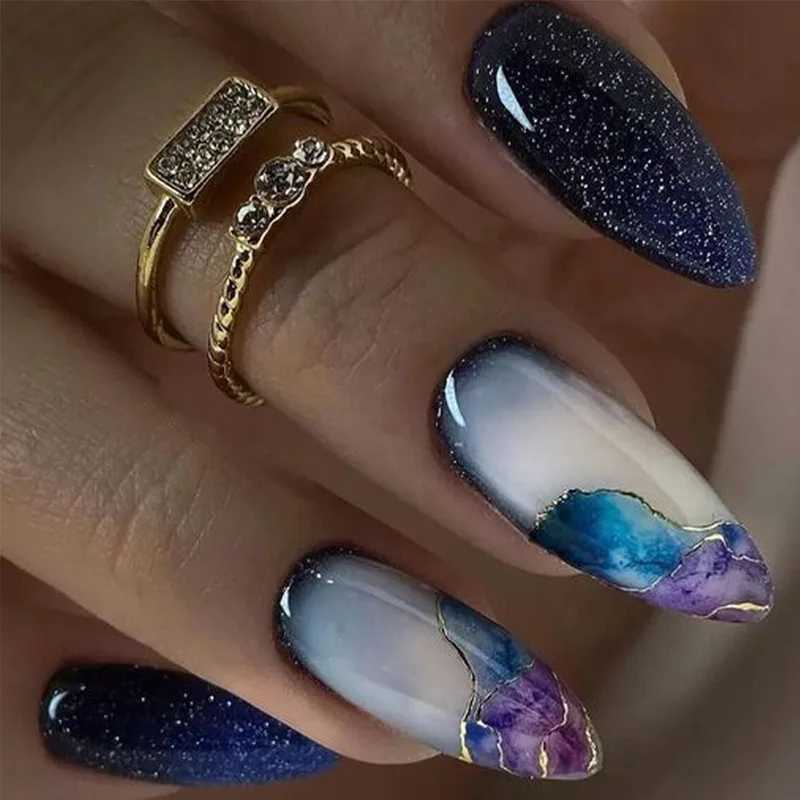 24 pieces of colorful cat eye fake nail art rainbow design complete set of nail tips simple long almond fake nails oval shaped fake nails pressed on t