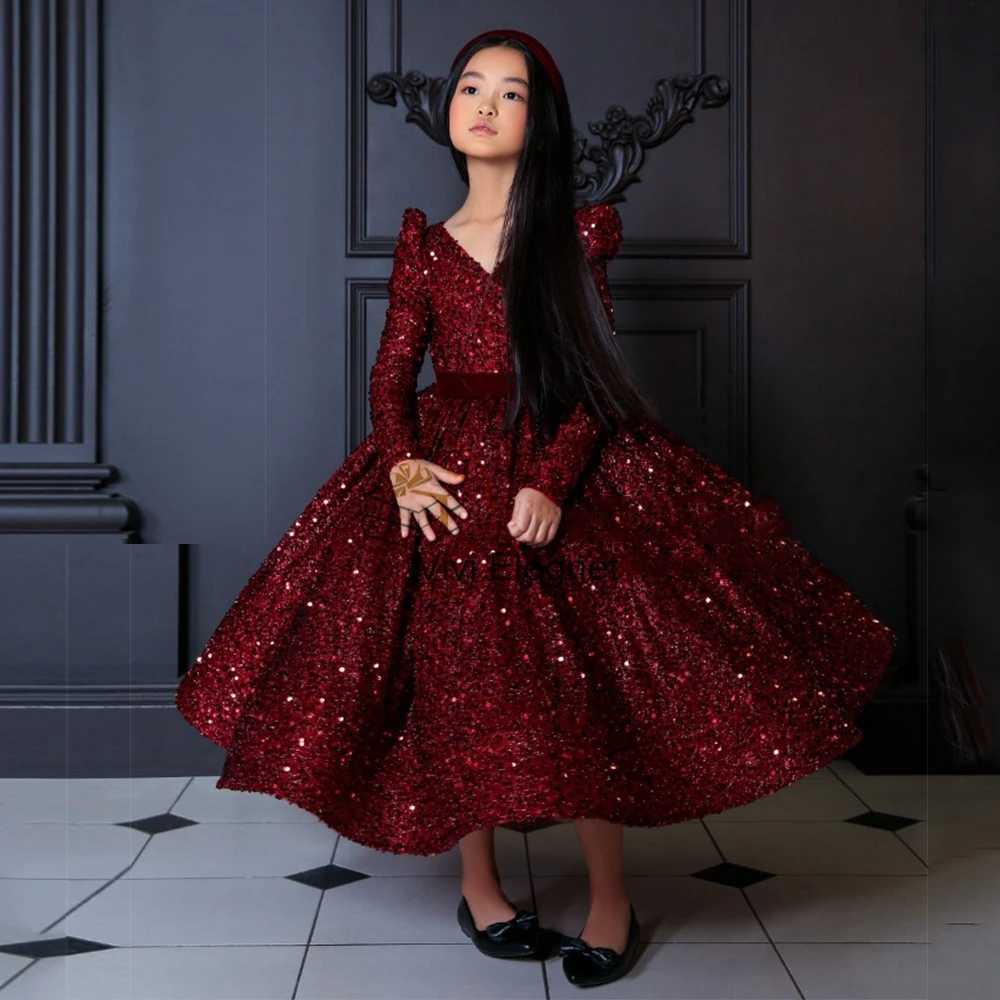 Sparking Full Sleeve Sequined Flower Girl Dresses with Bow A Line Communion Dresses Girls Winter Christmas Gown Christening 2022 X250203