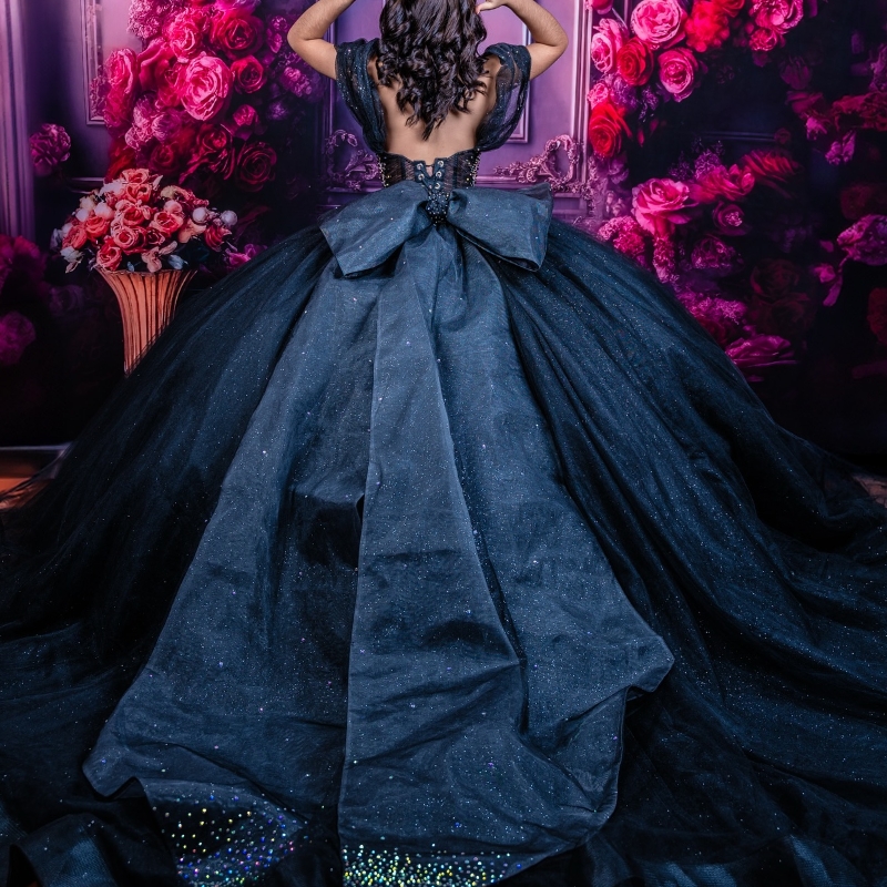 Black Quinceanera Dresses Ball Gown Off The Shoulder Beading Crystal Bow Tull Corset Party Birthday Sweet 16 Dress Vestidos 15 De Anos