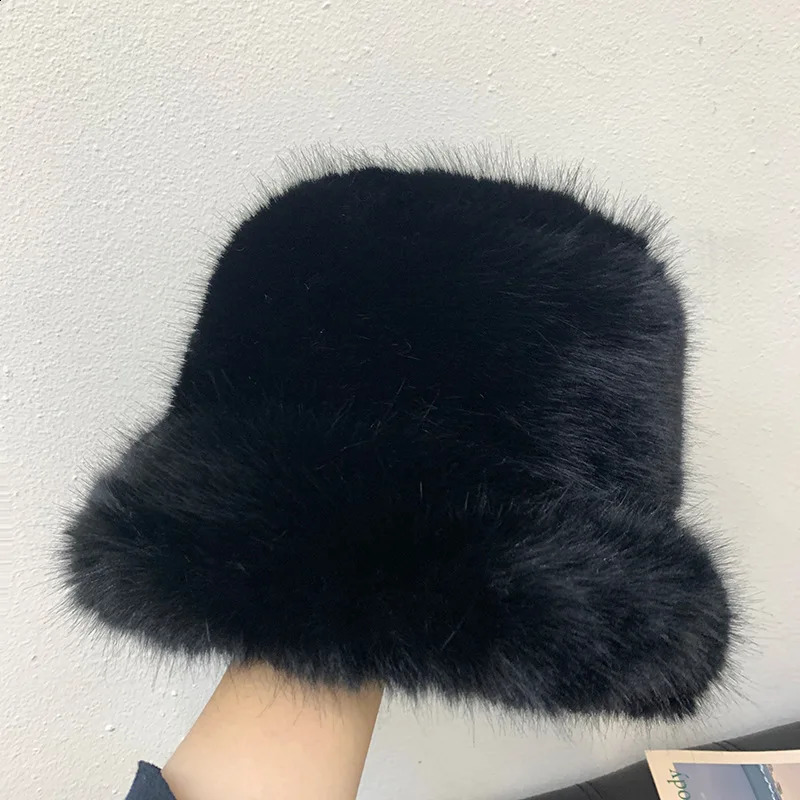 y2k fluffy faux fur bucket hat for women rabbit fur warm and thick plush winter hat for women and fashionable party Panama fisherman hat 250109