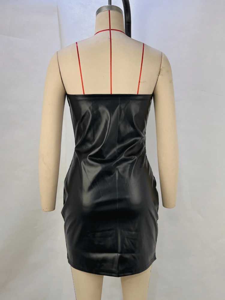Sexy PU Leather Off Shoulder V Neck Slim Bodycon Dress Women Sveless Skinny Evening Mini Dress Club Party VestidosXJ250115