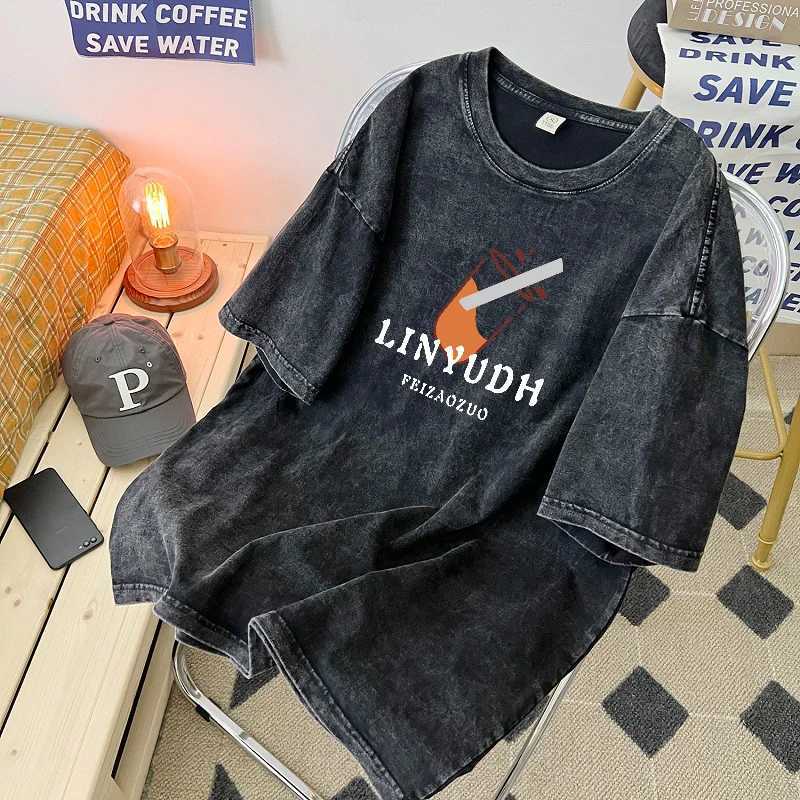 American Wash Mens Short-sleeved T-shirt Summer Vintage To Do Old Couple Jacket Ins Hip Hop Half-sleeved T-shirt X250203