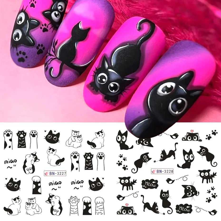 12 Designs Black Cat Nail Water Stickers Cute Kawaii Cartoon Nail Art Decals Watermark Transfer Sliders Manicure DecorationsXJ250120
