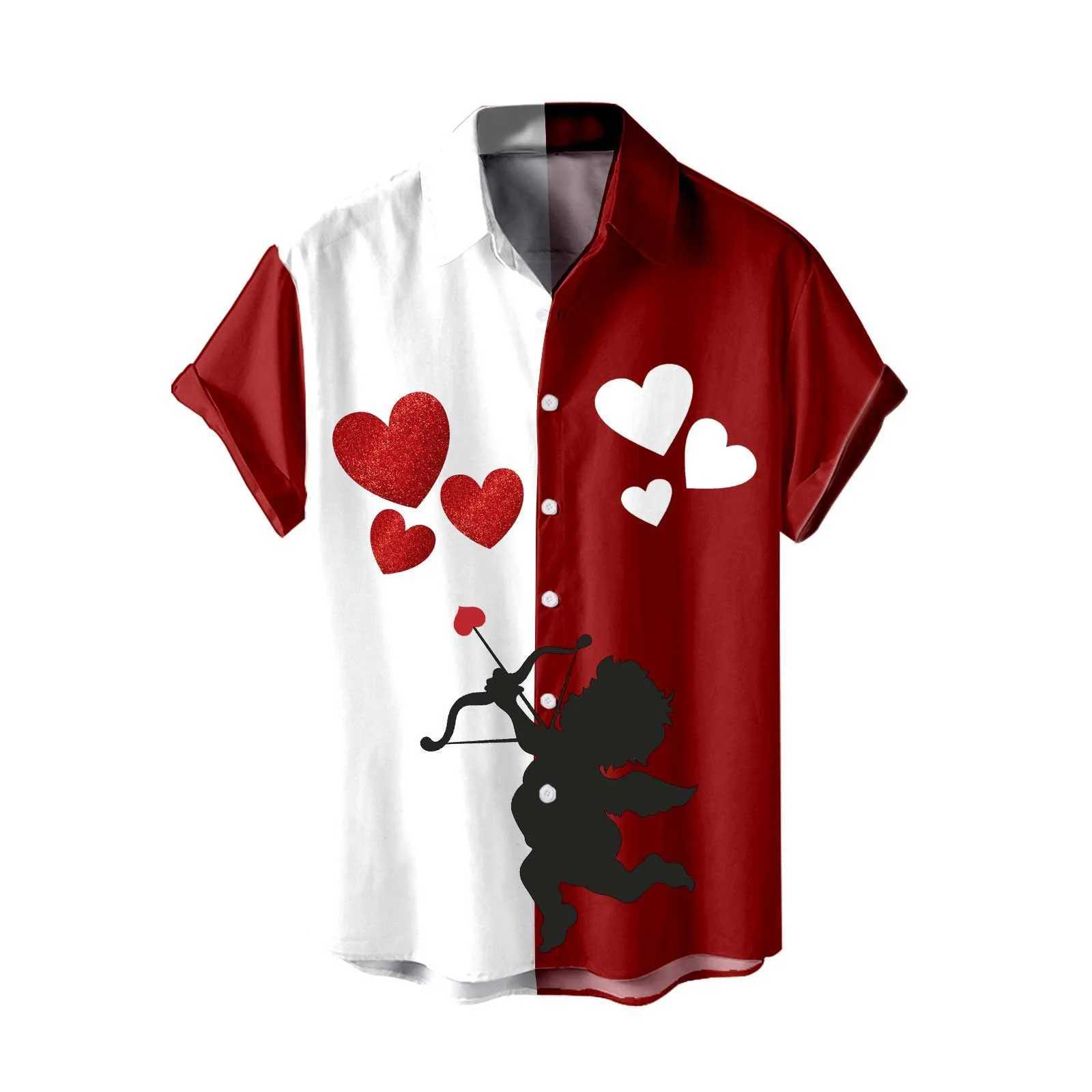Valentine Day Mens Shirts Cupid Heart Print Patchwork Casual Shirt 2024 Summer Short Sleeve Turn Down Collar Button Up Tees TopXJ250121