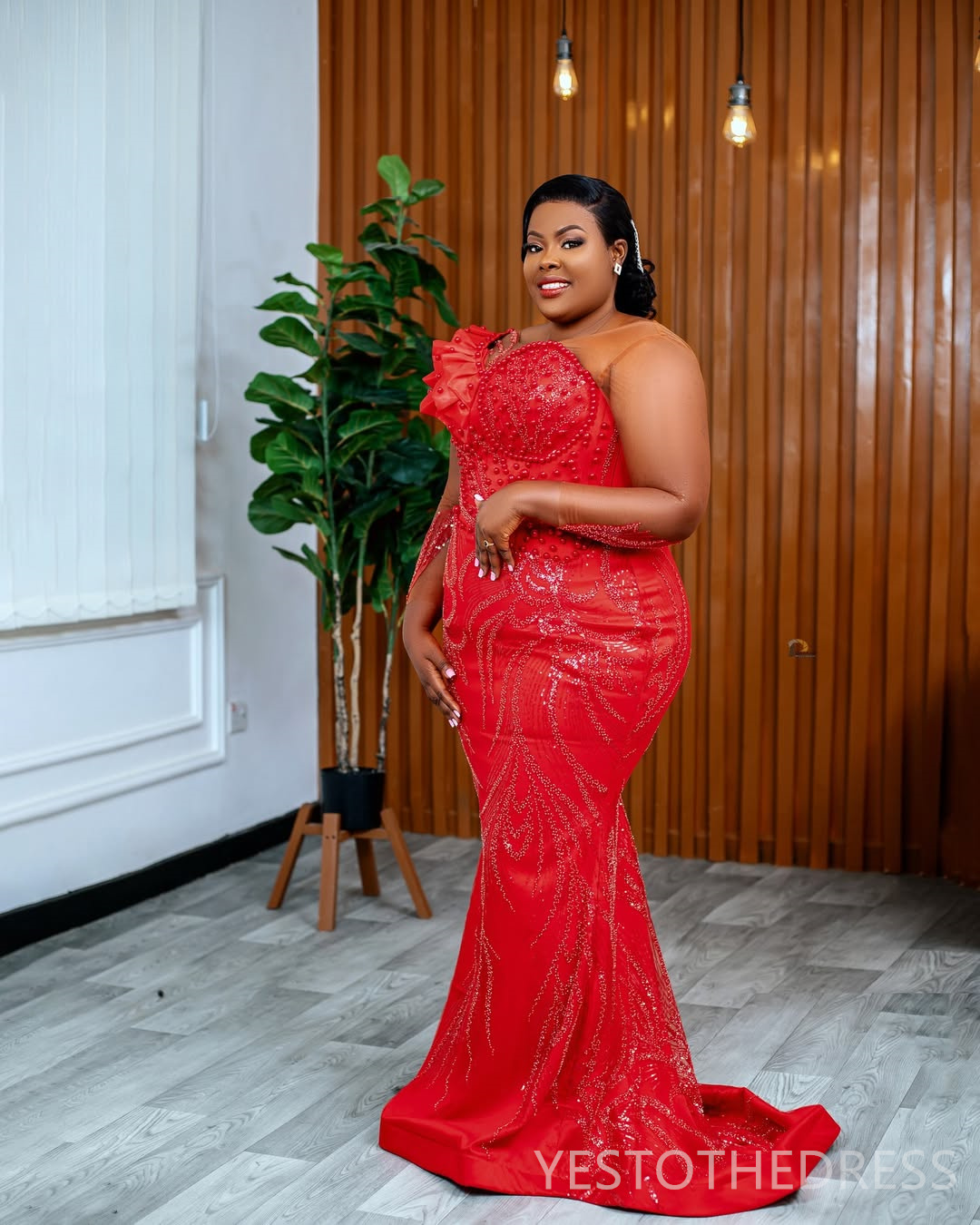 2025 Plus Size Red Aso Ebi Prom Dress Mermaid Evening Gowns For Black Women Sheer Neck Long Sleeves Pearls Beaded Lace Birthday Dress Second Reception