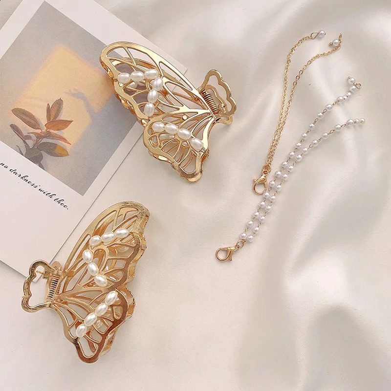 Korean Butterfly Tassel Bead Pendant Hair Claw For Women Fashion Hollow Gold Silver Color Metal Hair Clips Girl Hair Accessories 250120