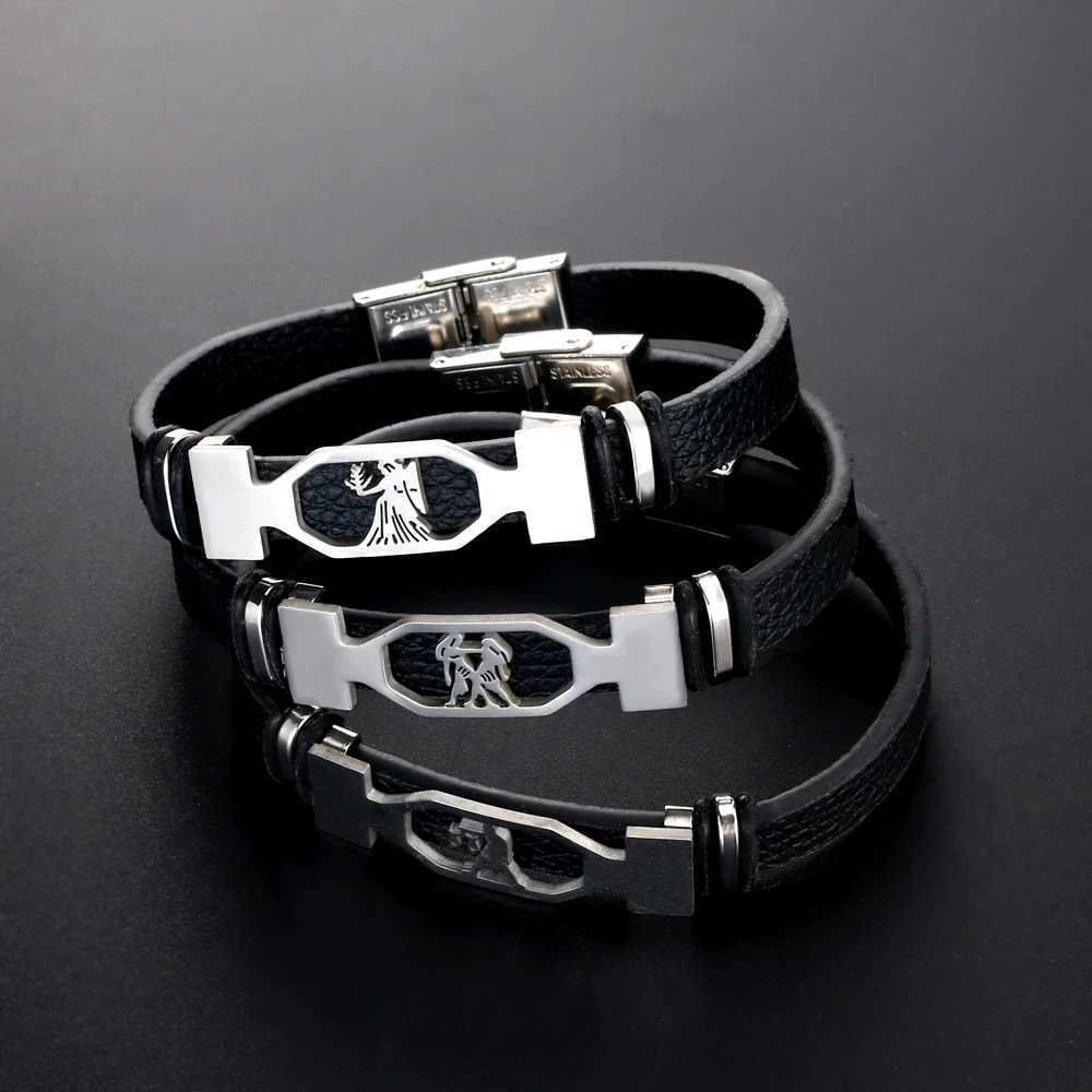 12 Constellation Stainless Steel Cuff Bracelet Men Women Zodiac Sign Black Leather Wrap Bracelet Jewelry Mens Bracelet W250121
