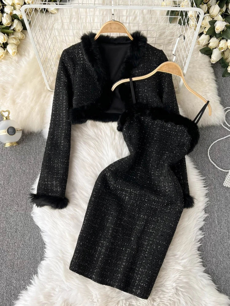 FTLZZ Autumn Winter Women Two Piece Sets Long Sleeve Fur Short Coat and Sexy Spaghetti Strap Bodycon Dress Lady Party Suits 250116