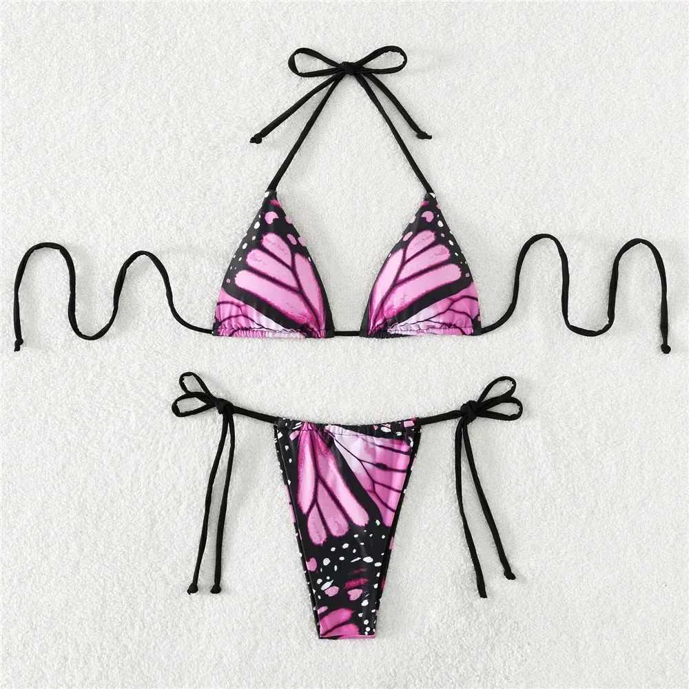 Sexy Butterfly Print Swimwear String Bikinis Set Micro Extremo Mini Thong Swimsuit Women Bathing Suit Triangle Bikini 2024 jerXJ250120