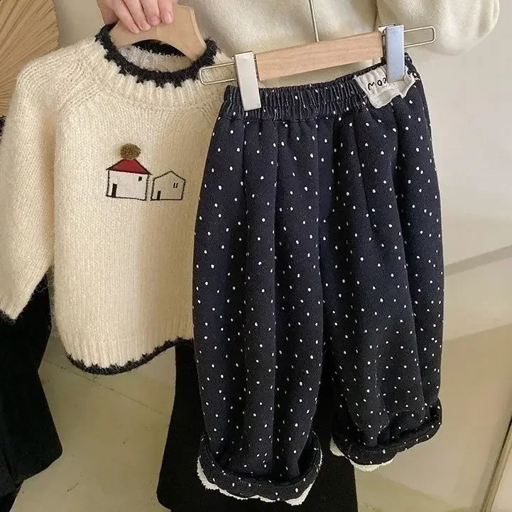Baby Girls Sets Cartoon Thicken Knitted Sweater Fleece Dot Casual Pants Autumn Winter Style Childrens Two Piece 250117