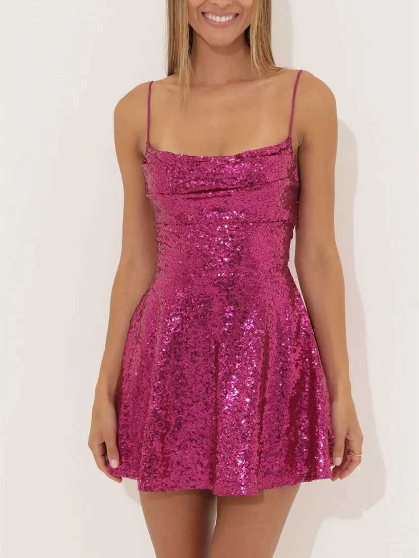 Fashion Women Sparkle Sequin Mini Dress Y2k Spaghetti Strap Backless Glitter A-Line Dresses Low Cut Bodycon Disco DressXJ250115