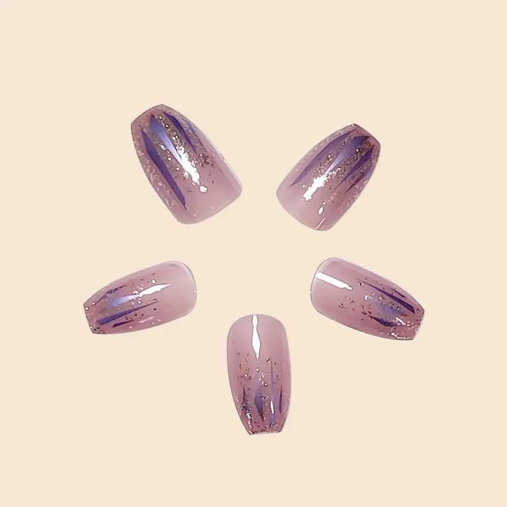 Trend Fashion Women Girls 24Pcs/Set Medium Coffin Shaped French Glitter Powder Star Stripe Wearable Fake Nail Press on Nail ArtW250120