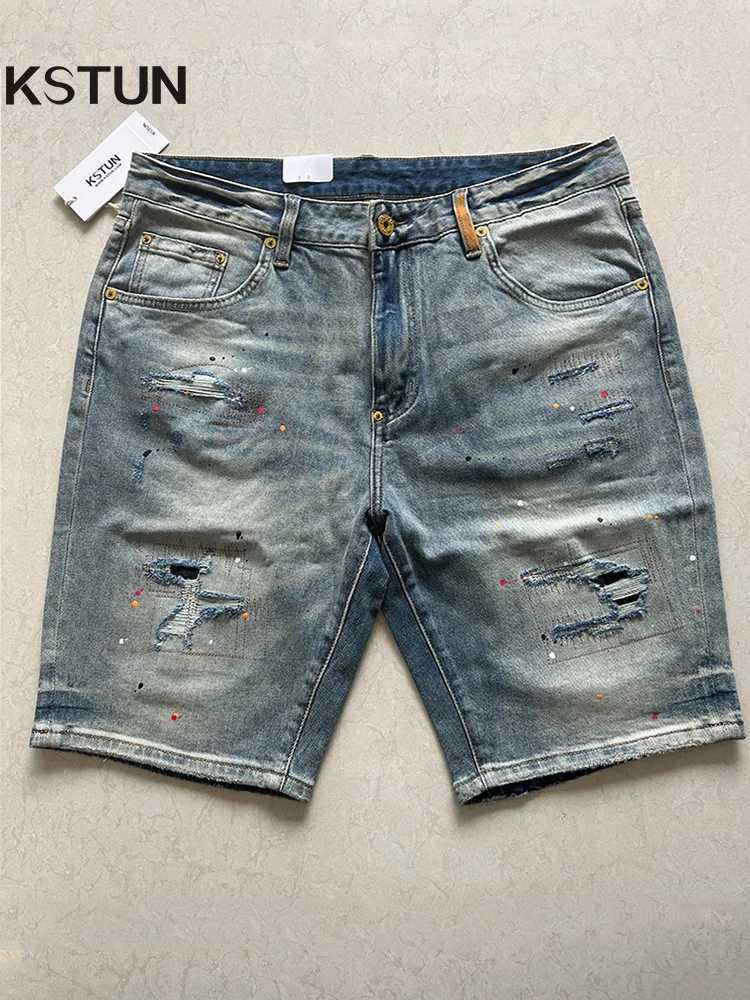 Summer short jeans mens denim shorts stretch hip-hop patch print ultra-thin straight retro punk style T-shirt X250203