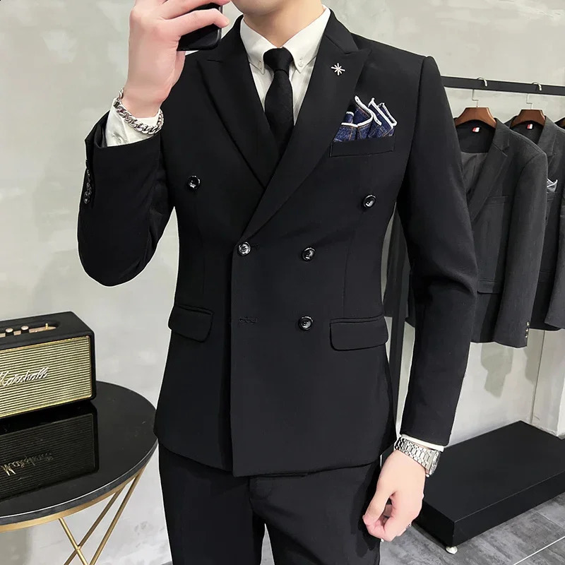 Jacket Pants Solid Color Formal Casual Business Office Double Buttons Suit Twopcs Set Groom Wedding Dress Party 250121