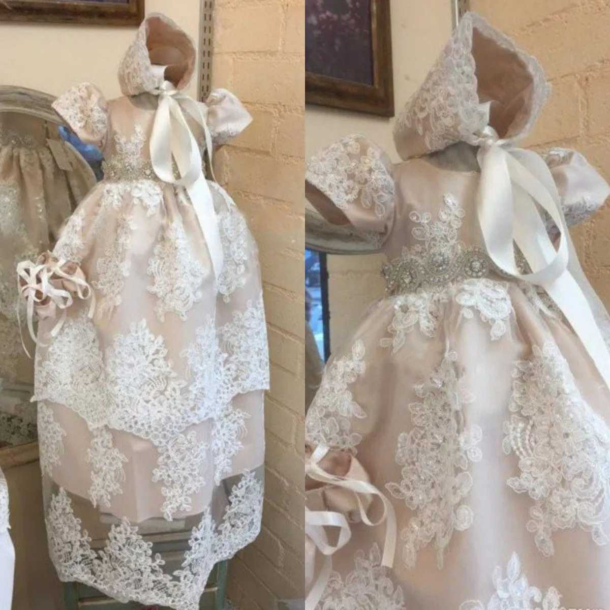 Pink Lace Christening Gowns For Baby Girls Short Sleeves Crystal Sash Appliqued Baptism Dresses X250203