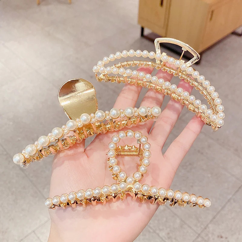 Simulated Pearl Crystal Big Hair Claw For Women Jewelry Elegant Gold Color Crab Hair Clips Hair Accessories Girl Metal Hairpins 250120