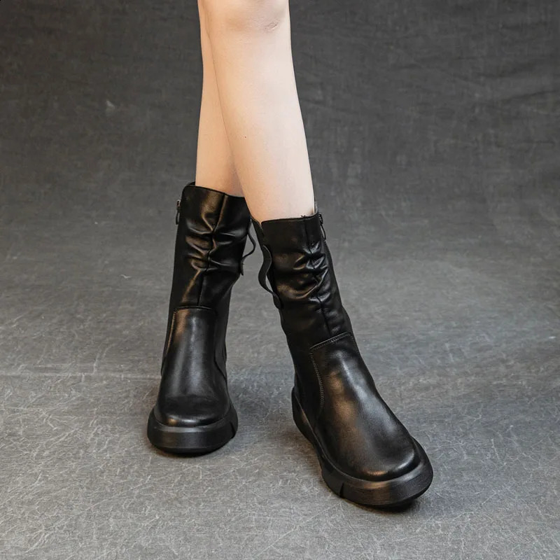 DRKANOL Fashion Women Boots Autumn Winter Plush Warm Mid Calf Round Toe Zipper Pleated Thick Bottom Leather Cotton 250117