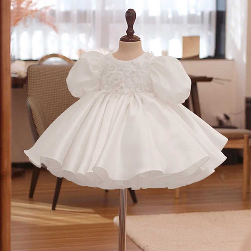 Summer Flower Baby Girl Dresses For Kids Wedding White Bow 1st Birthday Party Princess DresseGirls Puff Sleeve Baptism Clothing X250203