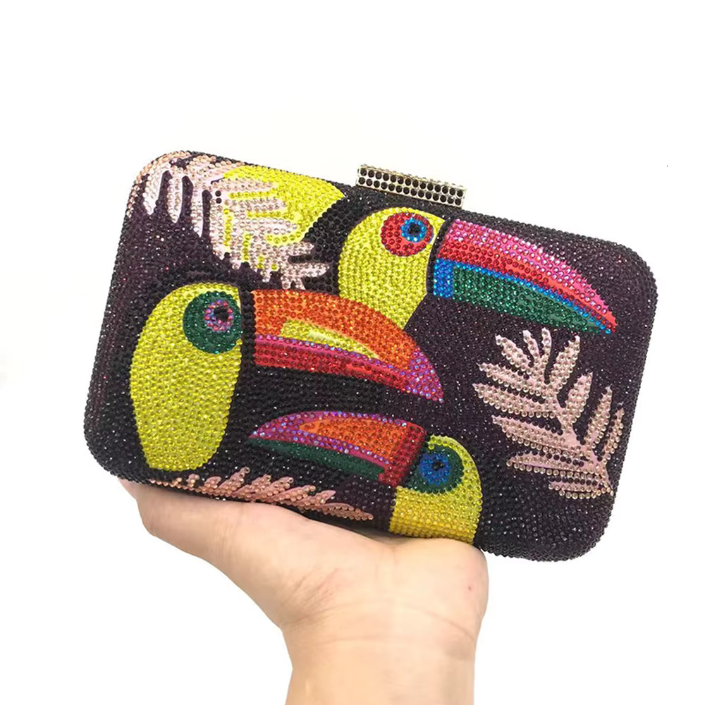 Novelty Toucan Bird Women Crystal Evening Bags Rhies Box Minaudiere Clutch Party Tail Handbag Dia Chain Purse