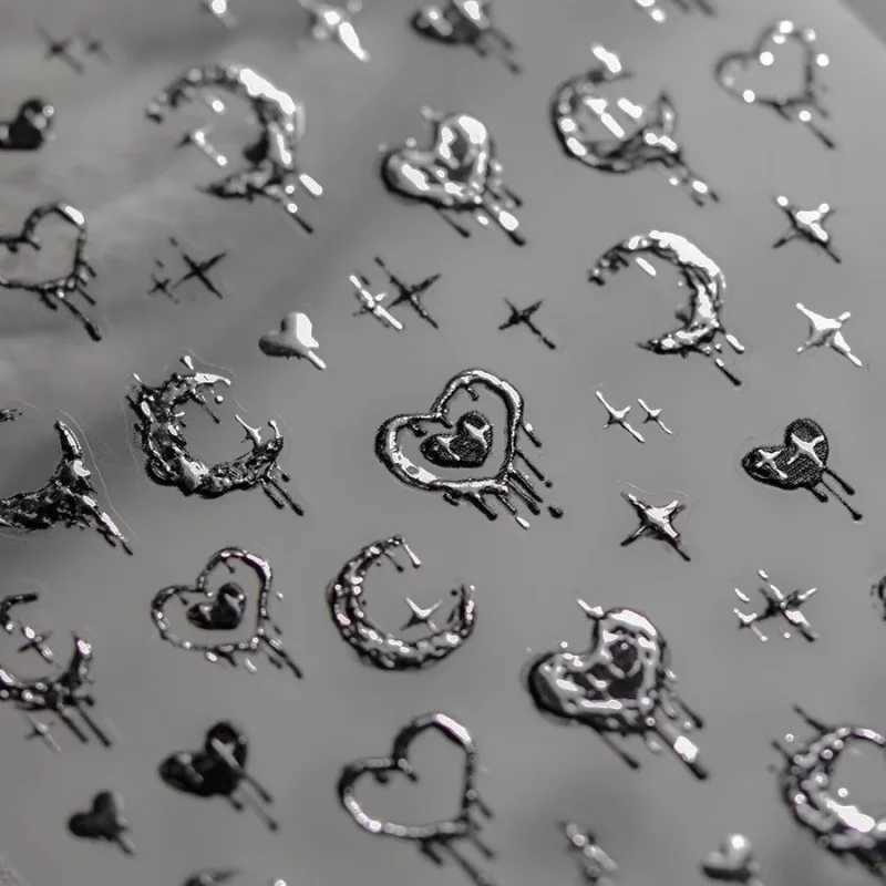 1pc 5D Realistic Relief Stamp Silver Melted Heart Moon Stars Balloon Angel Love Adhesive Nail Art Stickers Decals Manicure CharmXJ250120