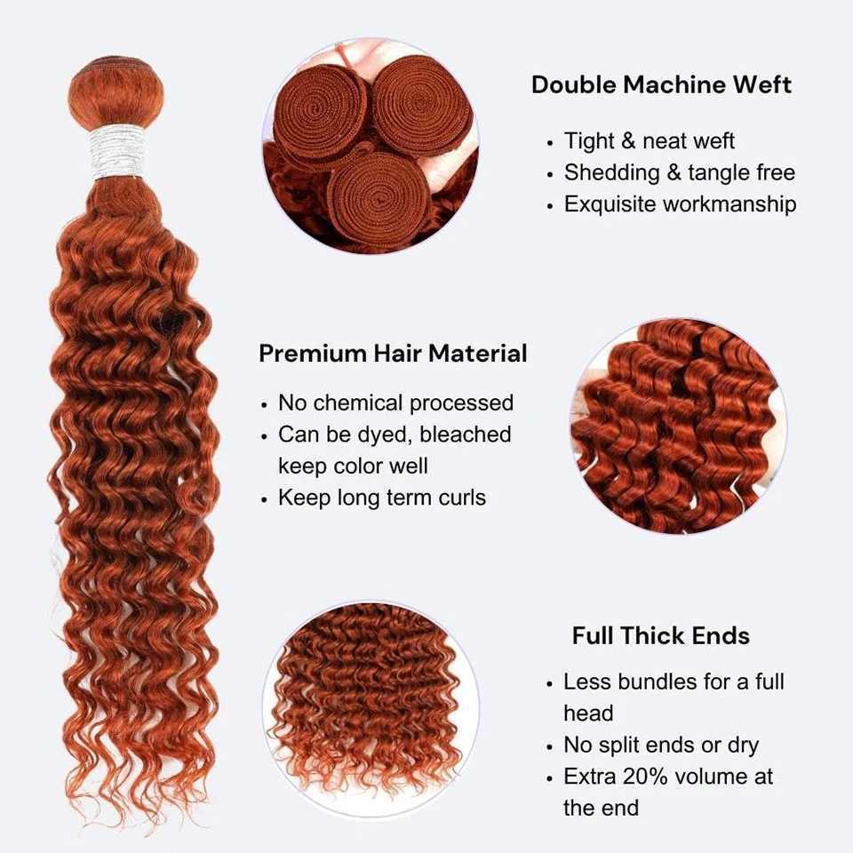 Ginger Orange #350 Deep Wave Human Hair Bundles With Clo Brazilian Virgin Human Hair Weave Curly 4x4 13x4 Front HD CloXJ250120