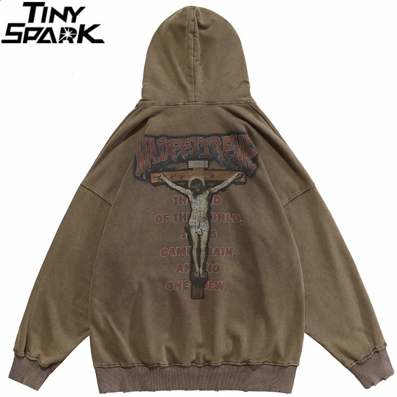 Hip Hop Men Sweatshirt Hoodie Streetwear Jesus Letter Print Washed Pullover 2024 Autumn Harajuku Cotton Hooded Black 250109Z